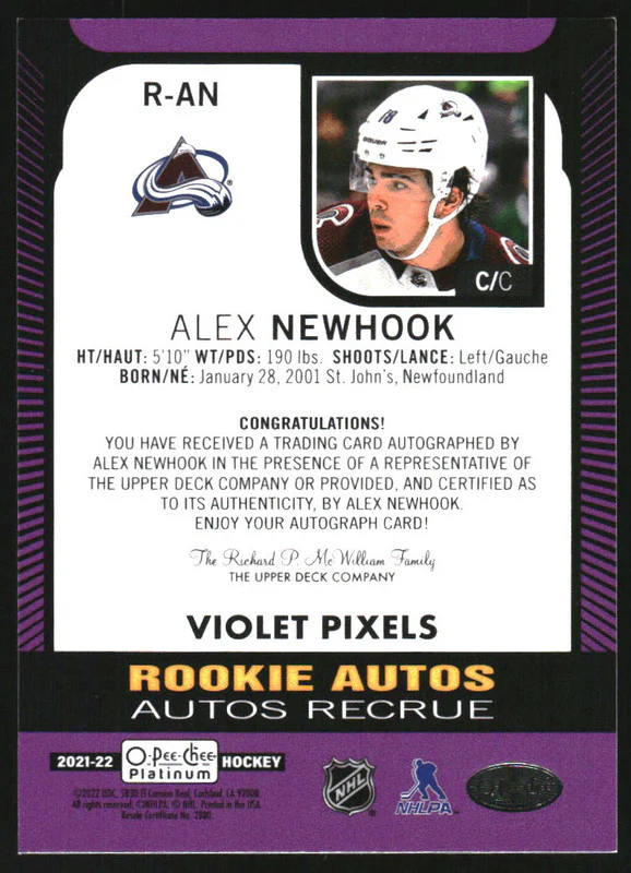 2021 O-Pee-Chee Platinum Rookie Autographs Violet Pixels Alex Newhook RC Auto - Image 2