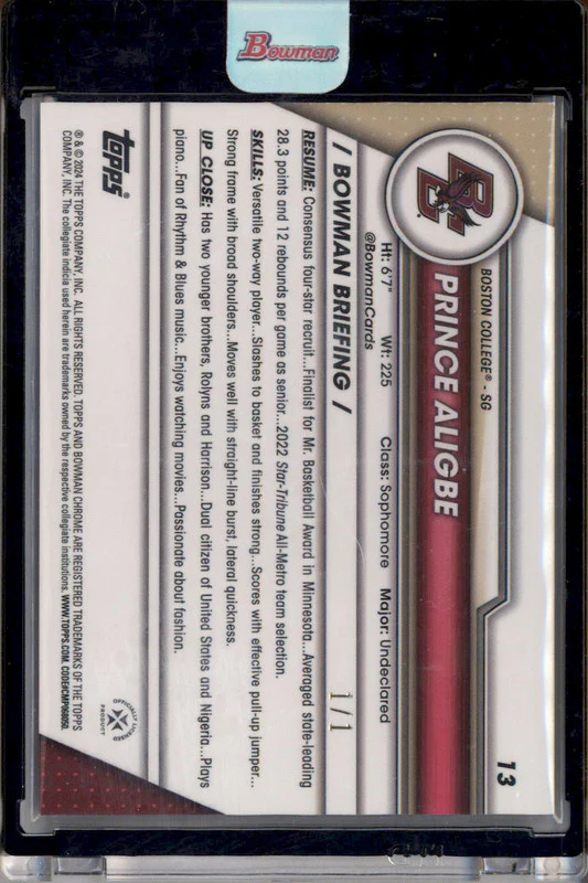 2023-24 Bowman University Chrome Black Shimmer Refractor #13 Prince Aligbe 1/1 - Image 2