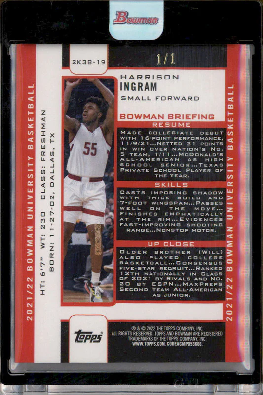 2021-22 Bowman Chrome University 2003 Foilfractor #2K3B-19 Harrison Ingram 1/1 - Image 2