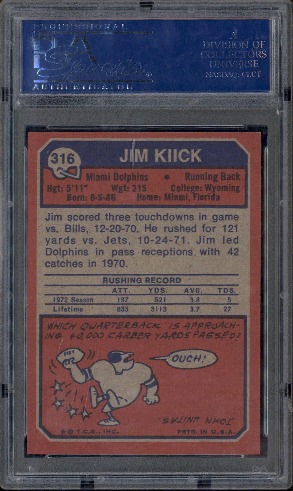 1973 Topps #316 Jim Kiick PSA 8 - Image 2