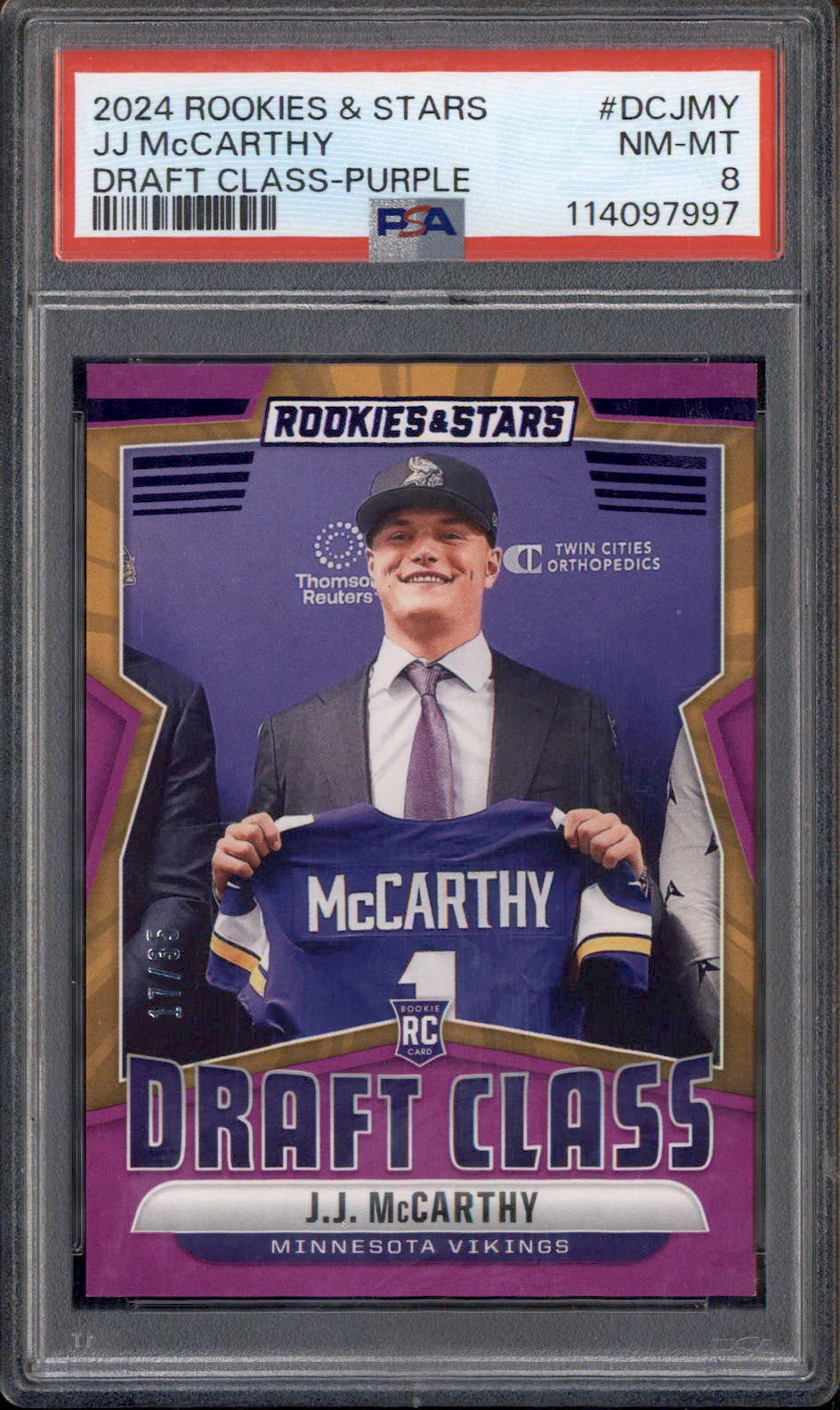 2024 Panini Rookies & Stars Draft Class Purple #DCJMY J.J. McCarthy RC /35 PSA 8