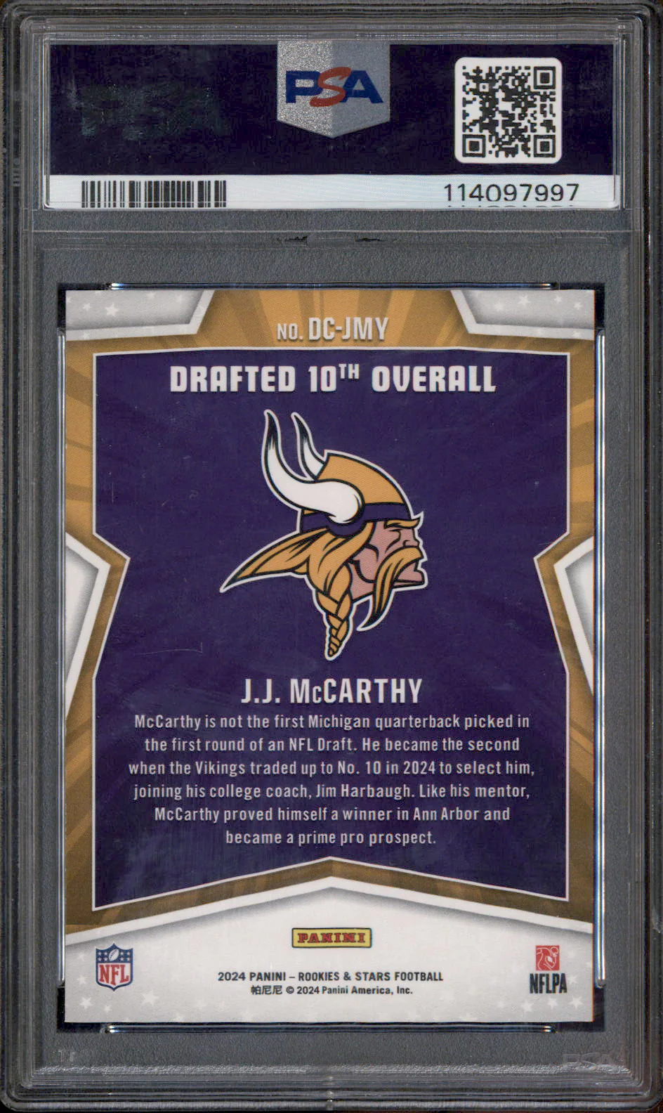 2024 Panini Rookies & Stars Draft Class Purple #DCJMY J.J. McCarthy RC /35 PSA 8 - Image 2