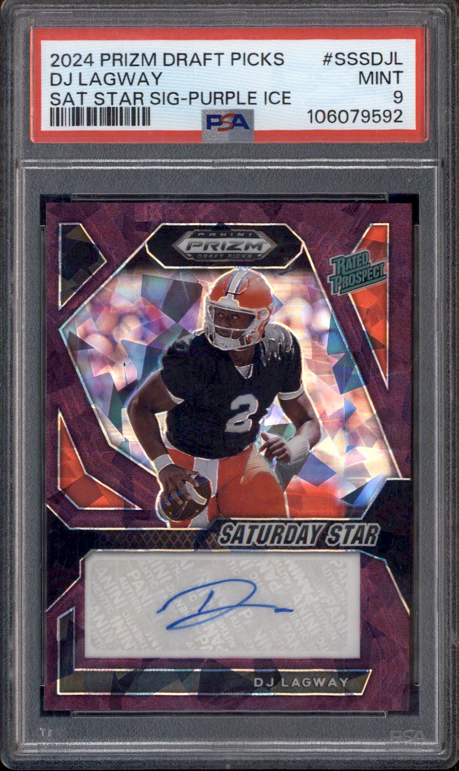 2024 Panini Prizm Collegiate Saturday Star Purple Ice DJ Lagway Auto /99 PSA 9
