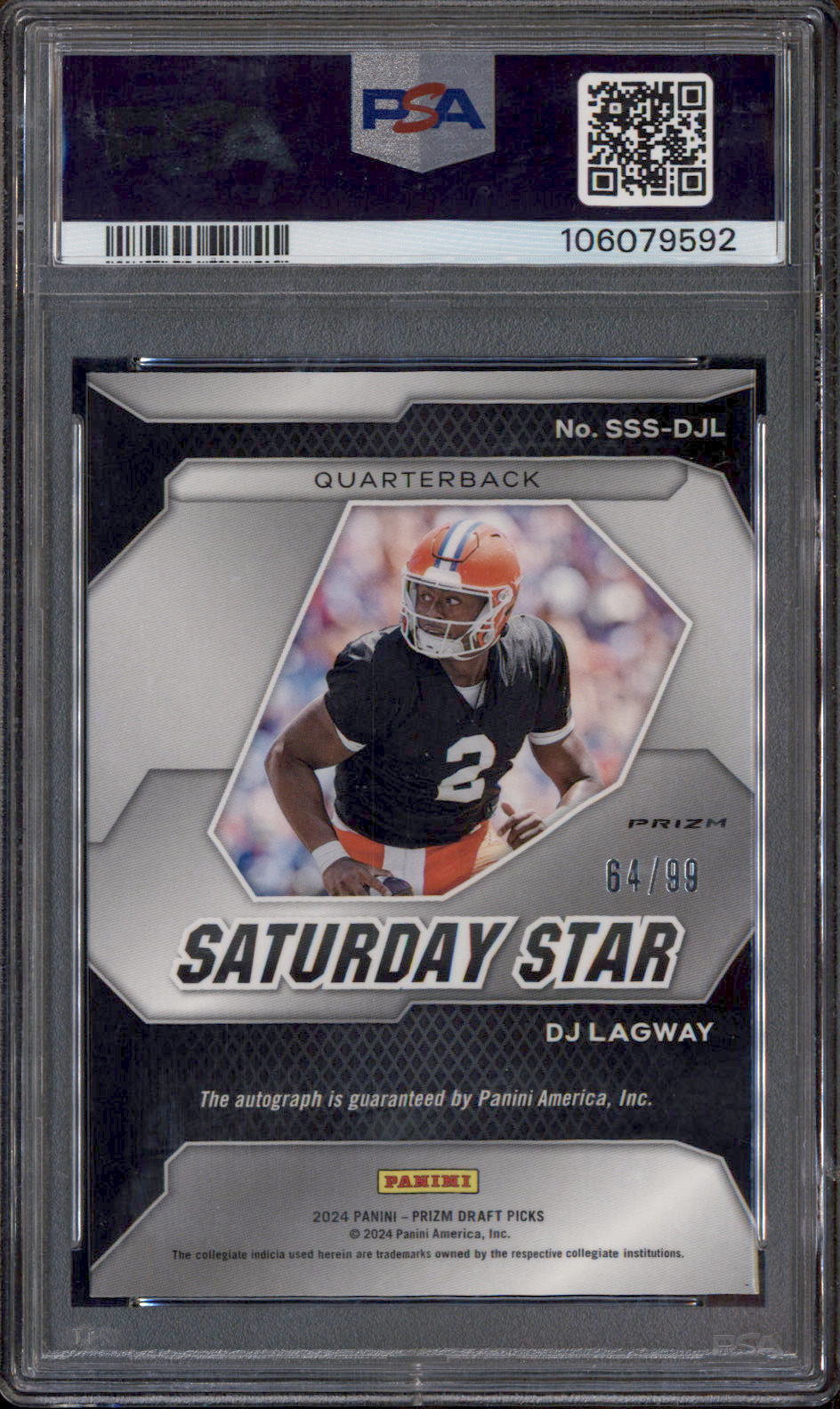 2024 Panini Prizm Collegiate Saturday Star Purple Ice DJ Lagway Auto /99 PSA 9 - Image 2