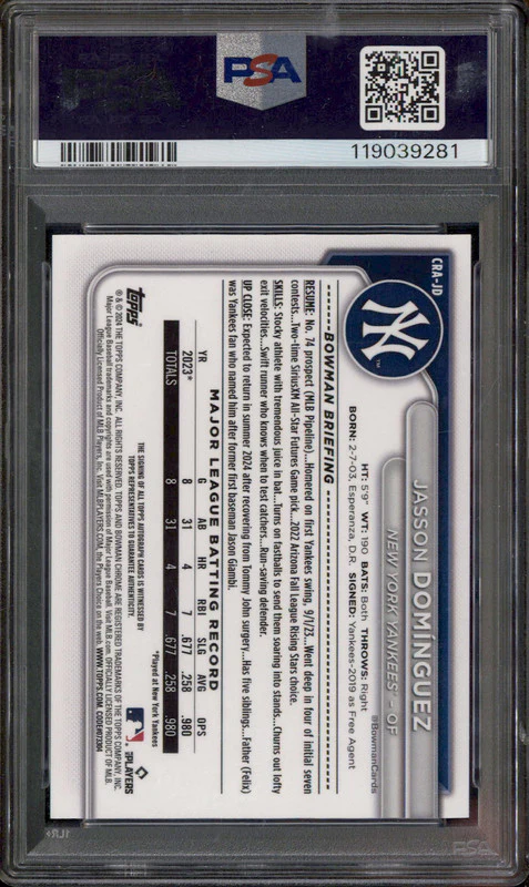 2024 Bowman Chrome Rookie Auto Gold Refractor Jasson Dominguez RC /50 PSA 9 - Image 2