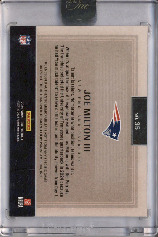 2024 Panini One Rookie Dual Patch Autograph Green #35 Joe Milton III RC Auto /49 - Image 2