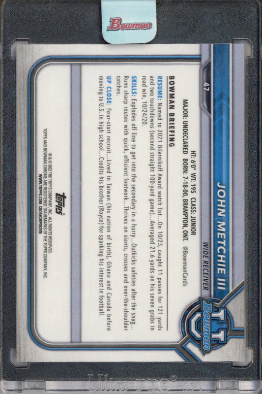 2021 Bowman University Chrome Black Shimmer #47 John Metchie III 1/1 - Image 2