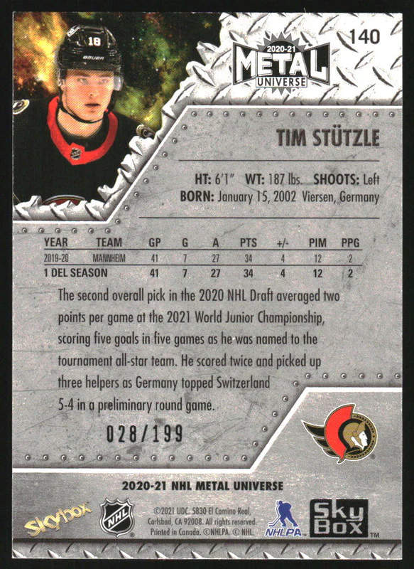 2020-21 Metal Universe Purple Spectrum #140 Tim Stutzle RC /199 - Image 2