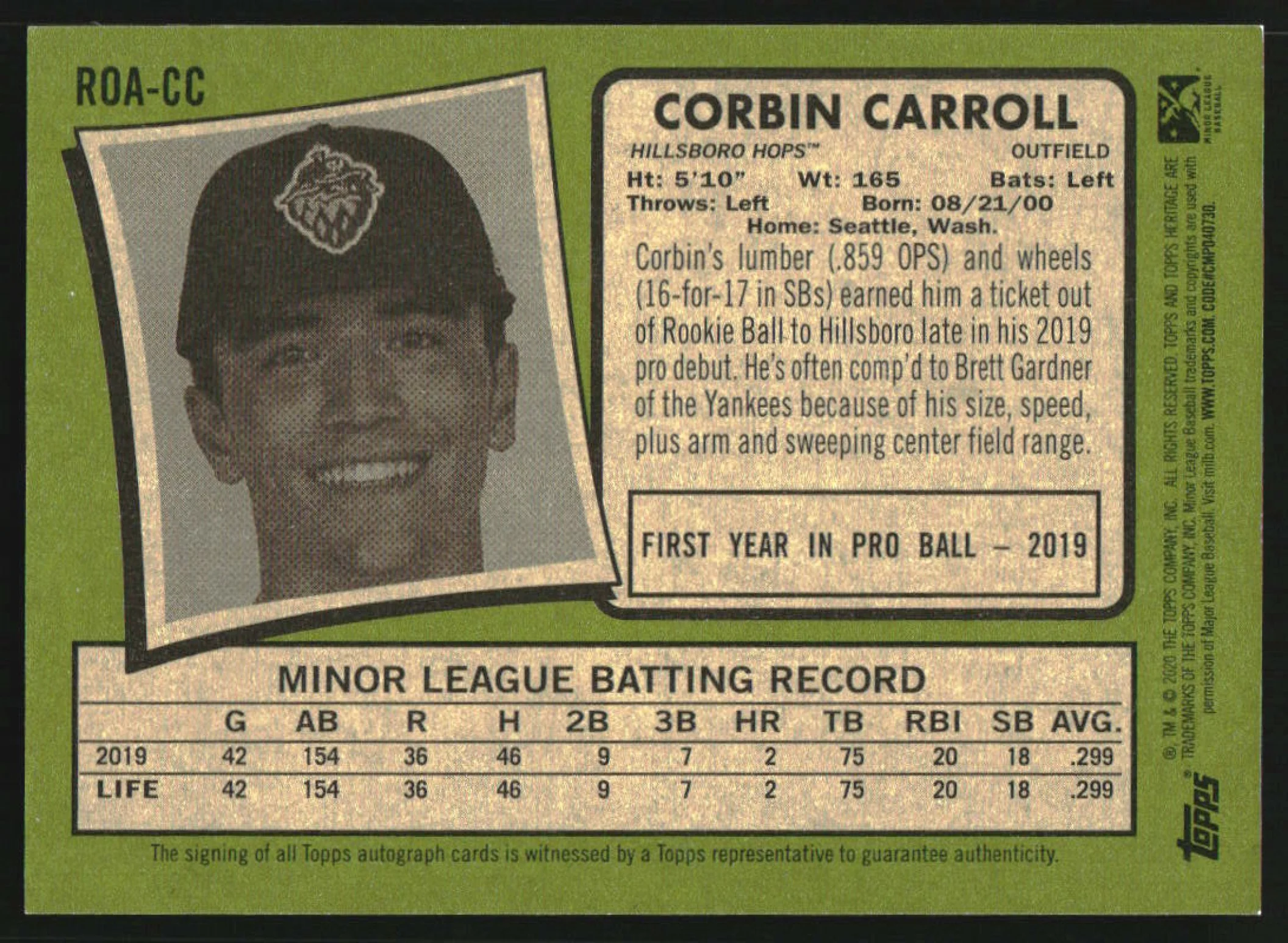 2020 Topps Heritage Minor League Real One Blue Border Corbin Carroll Auto /99 - Image 2