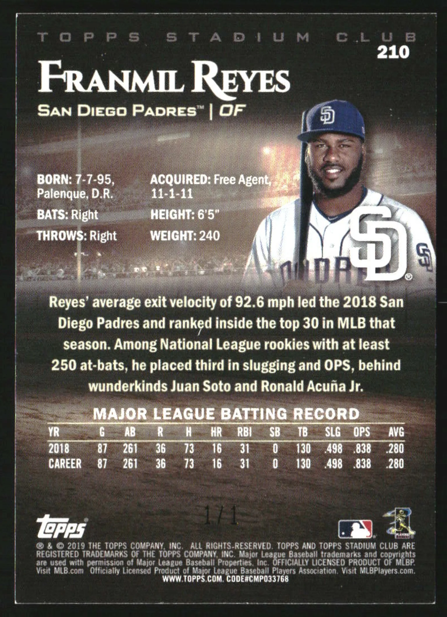 2019 Topps Stadium Club Gold Rainbow Foilboard #210 Franmil Reyes 1/1 - Image 2