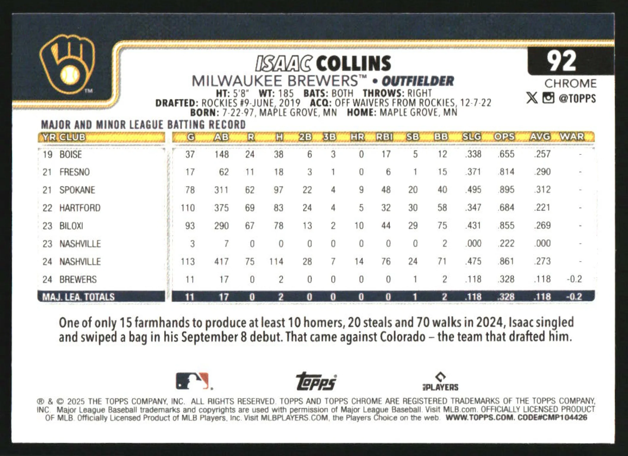 2025 Topps Chrome LogoFractor Blue Refractor #92 Isaac Collins RC /150 - Image 2