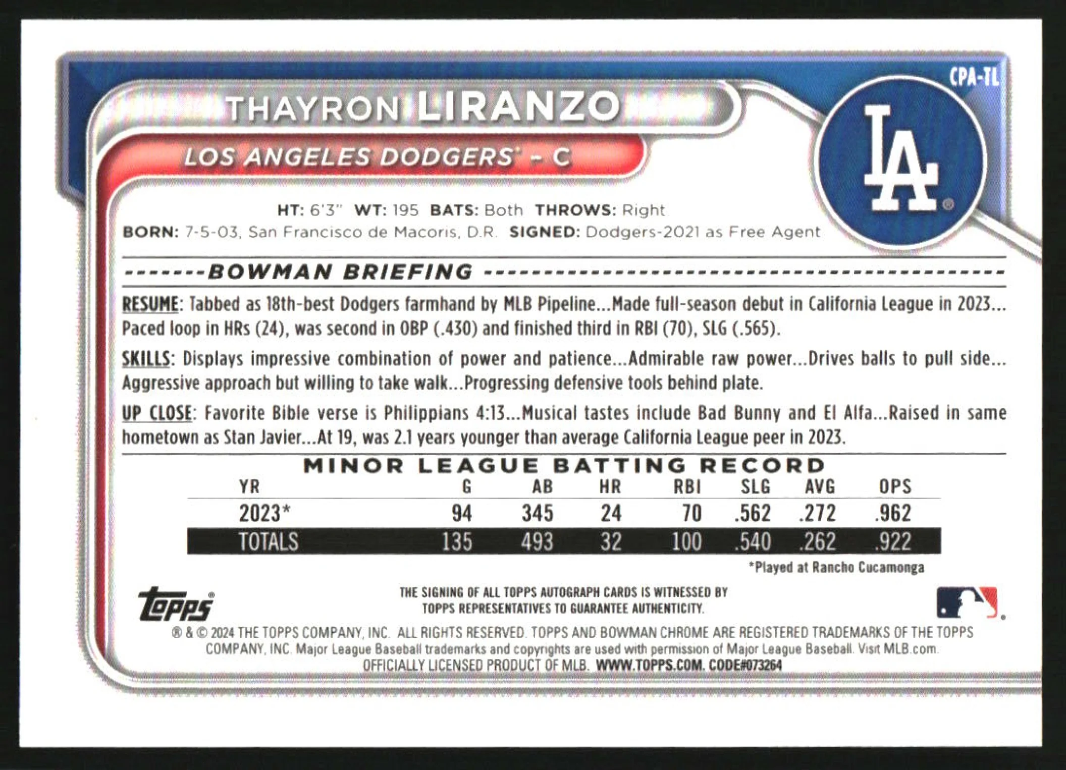 2024 Bowman Chrome Chrome Autographs #CPA-TL Thayron Liranzo RC Auto - Image 2