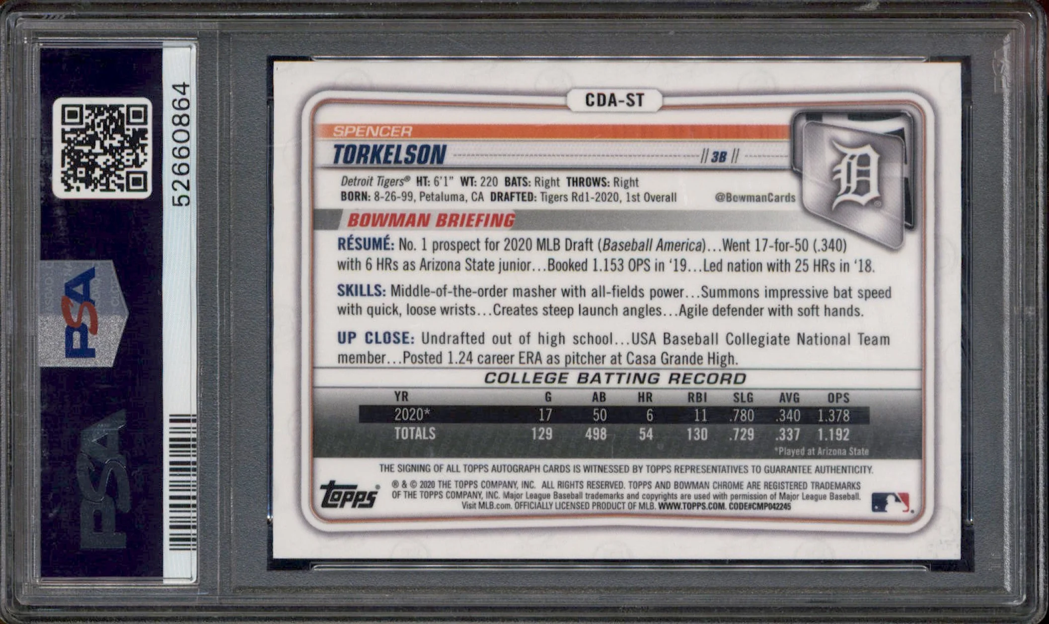 2020 Bowman Draft Chrome Autographs Purple Spencer Torkelson Auto /250 PSA 10 - Image 2