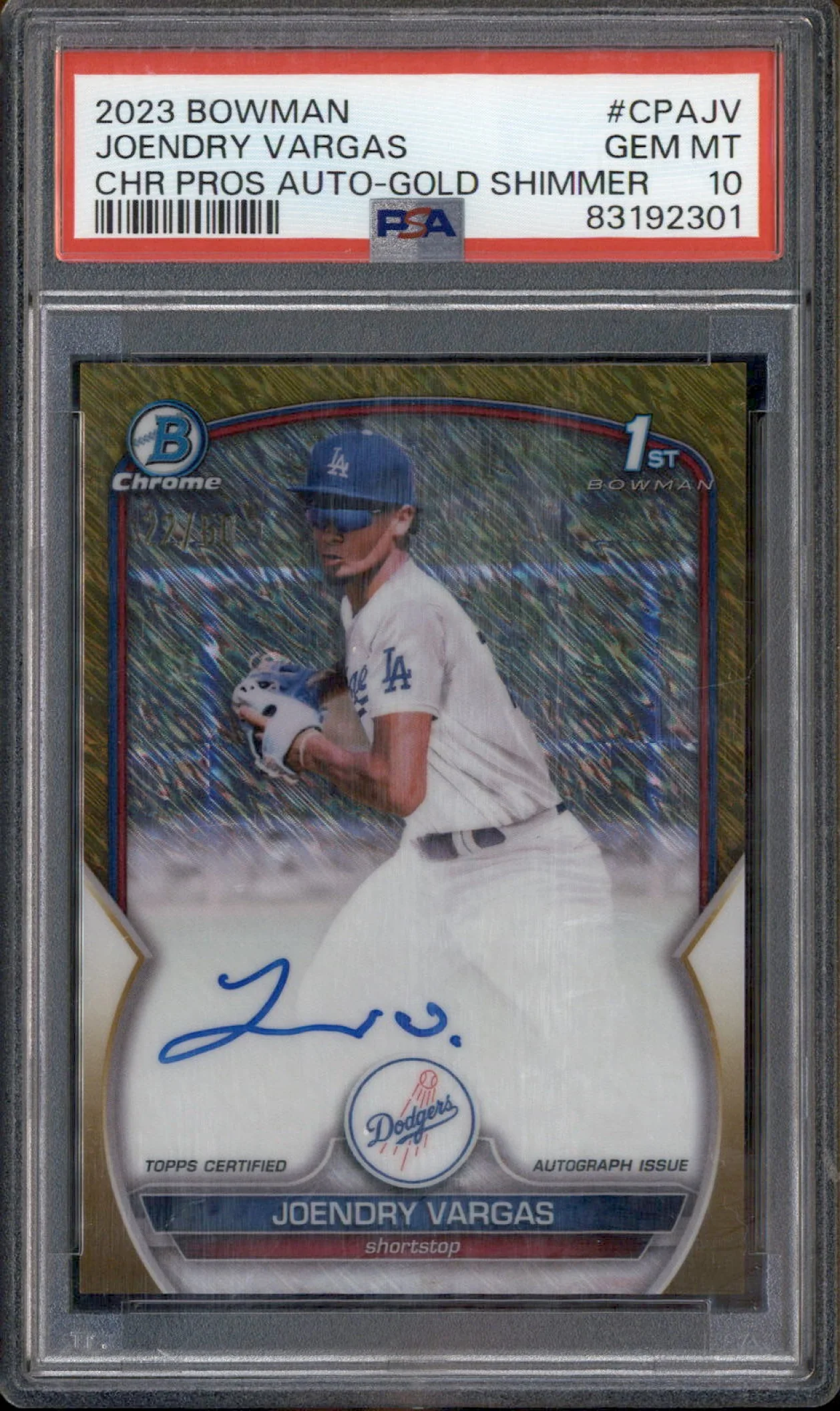 2023 Bowman Chrome Autographs Shimmer Gold Joendry Vargas RC Auto /50 PSA 10