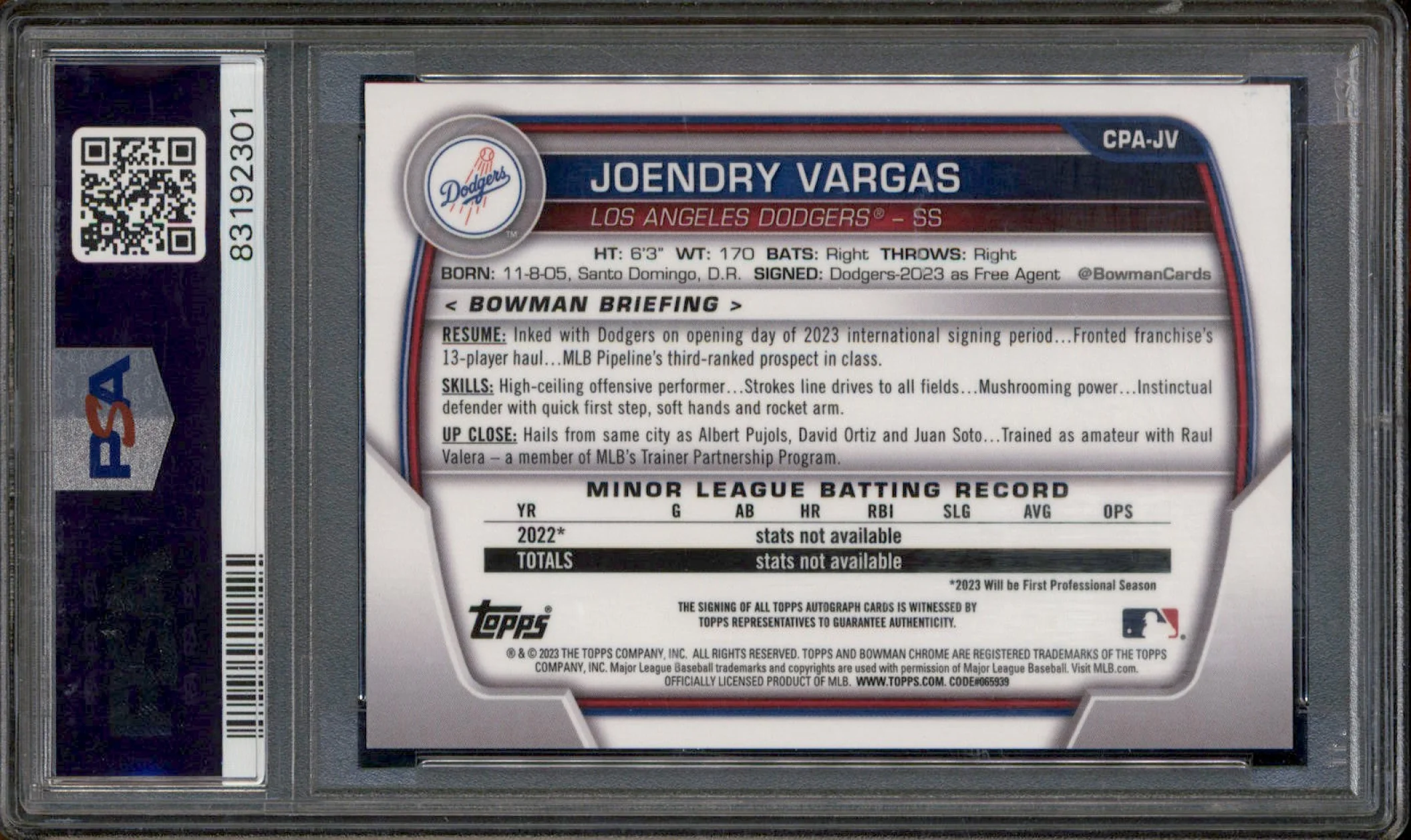 2023 Bowman Chrome Autographs Shimmer Gold Joendry Vargas RC Auto /50 PSA 10 - Image 2