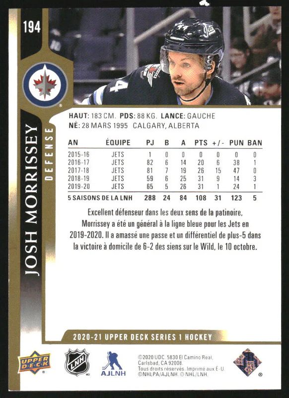 2020-21 Upper Deck High Gloss #194 Josh Morrissey /10 - Image 2