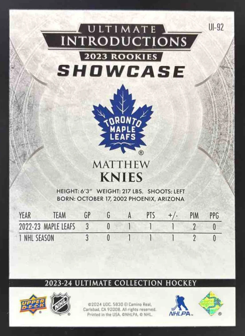 2023-24 Upper Deck Ultimate Collection Ultimate Introductions Matthew Knies RC - Image 2