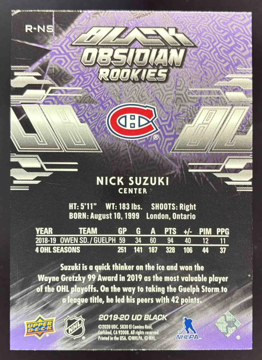 2019-20 SPx UD Black Obsidian Rookies Purple #R-NS Nick Suzuki RC /99 - Image 2