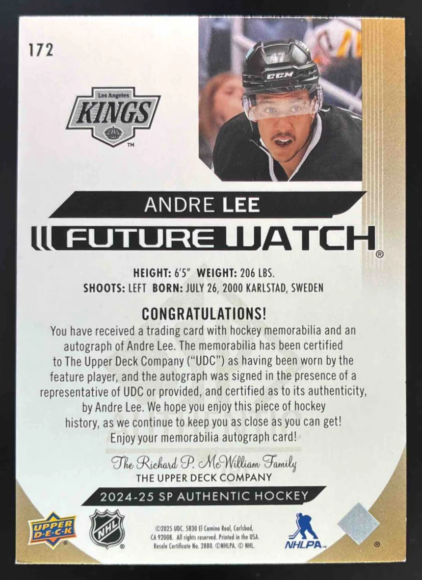 2024 Upper Deck SP Authentic Future Watch Limited Patch #172 Andre Lee Auto /100 - Image 2