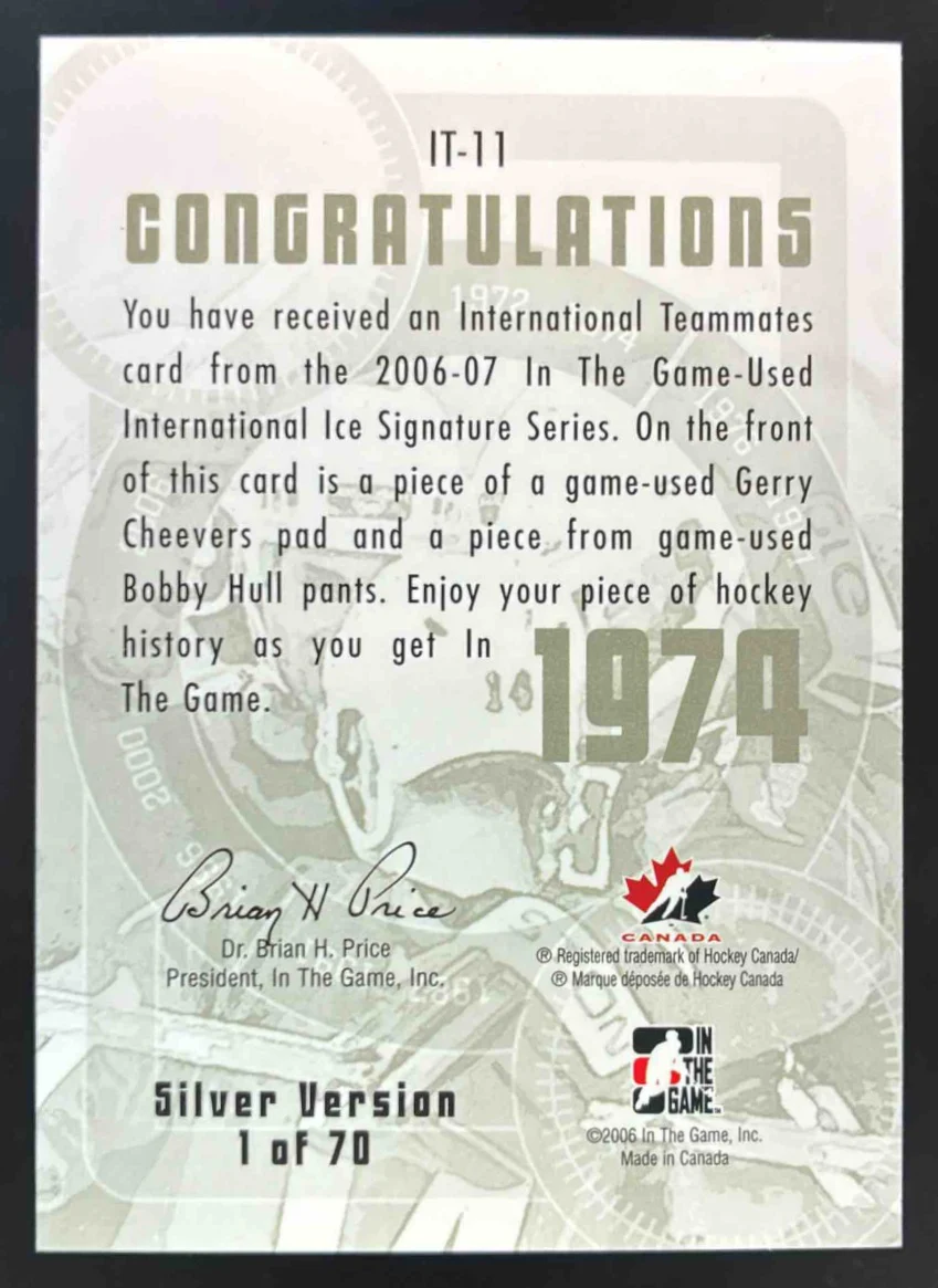 2006-07 In The Game Teammates Silver Gerry Cheevers Bobby Hull /70 - Image 2