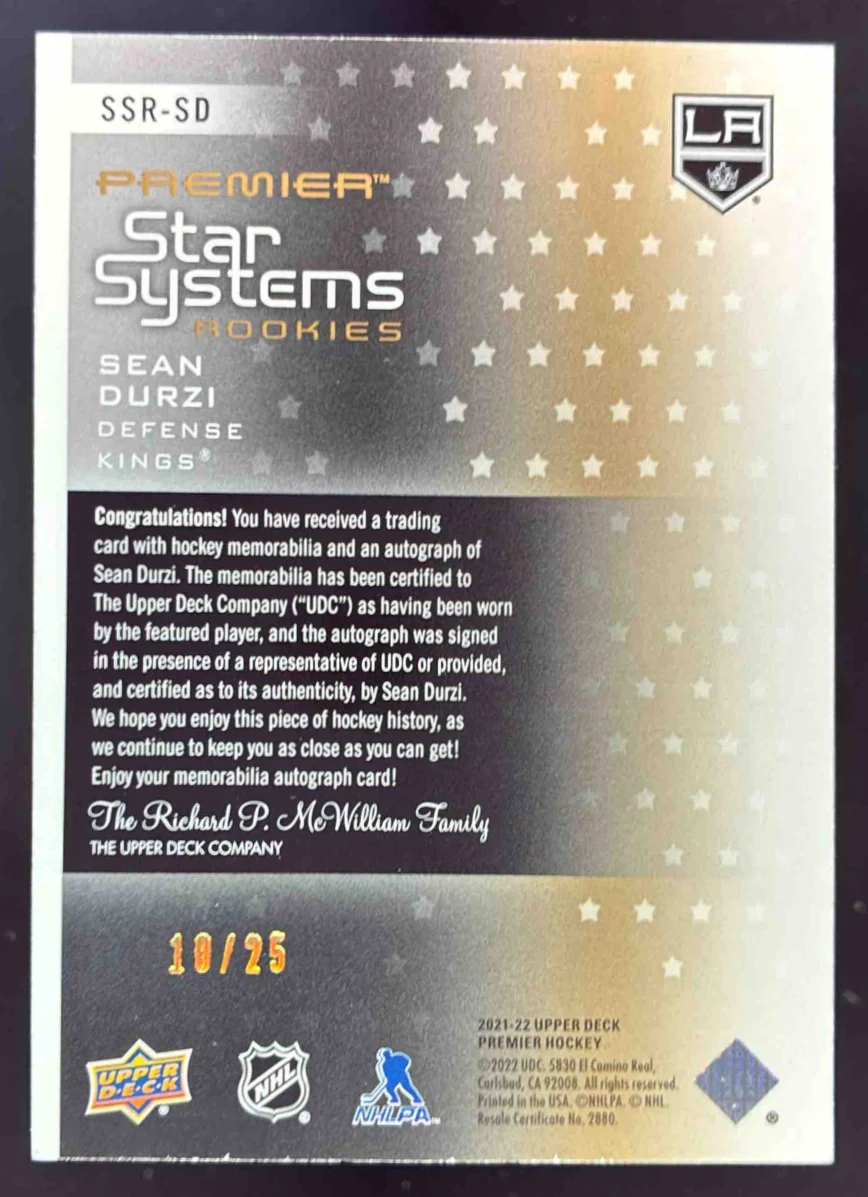 2021-22 UD Premier Star Systems Rookies Patch Gold #SSRSD Sean Durzi RC Auto /25 - Image 2