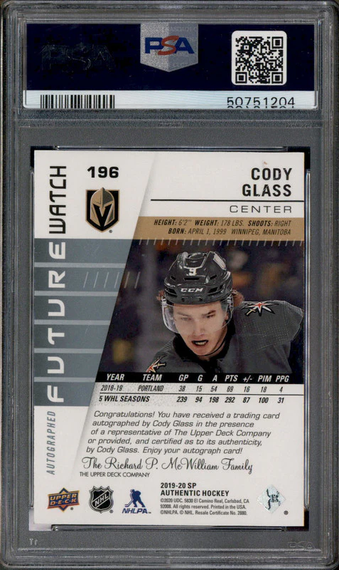 2019 SP Authentic Autograph #196 Cody Glass RC Auto /999 PSA 9 - Image 2