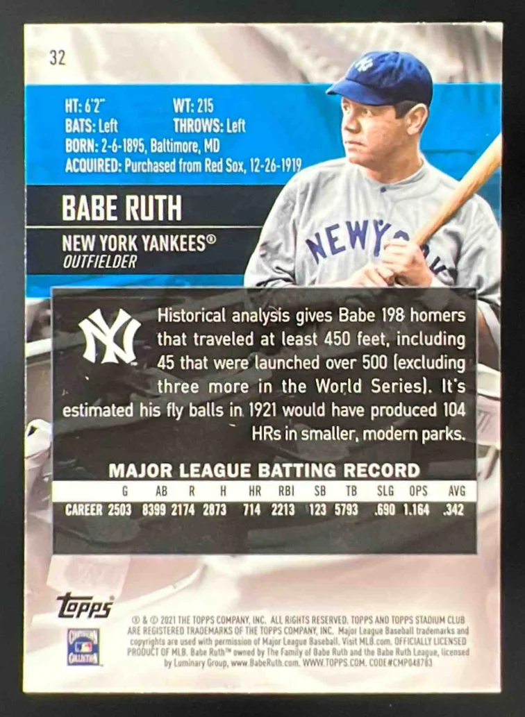 2021 Topps Stadium Club Chrome Wave Refractor #32 Babe Ruth - Image 2