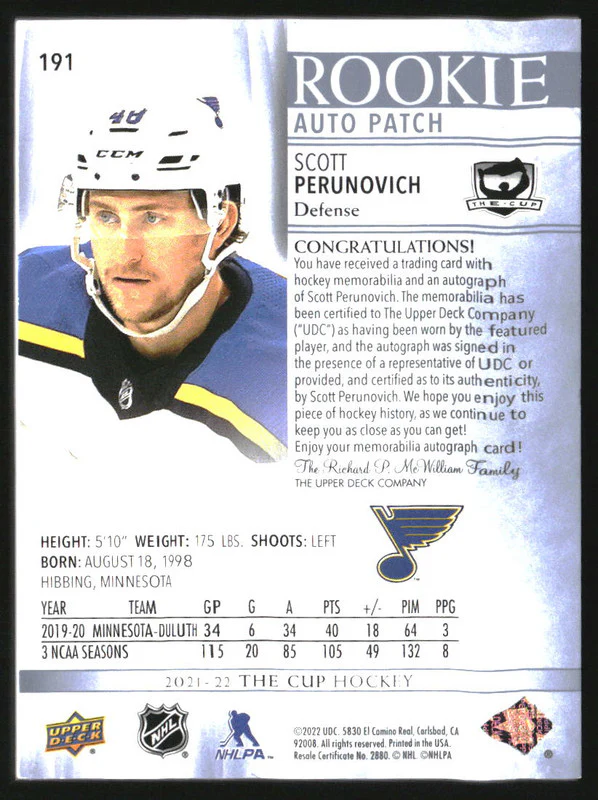 2021-22 The Cup #191 Scott Perunovich RC Jersey Auto /249 - Image 2