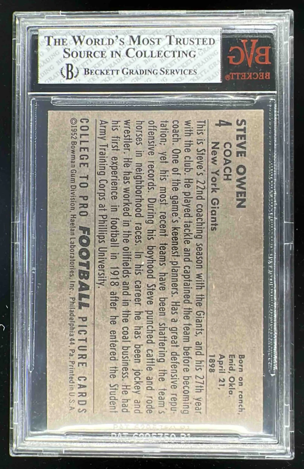 1952 Bowman Large #4 Steve Owen BGS 7.5 - Image 2