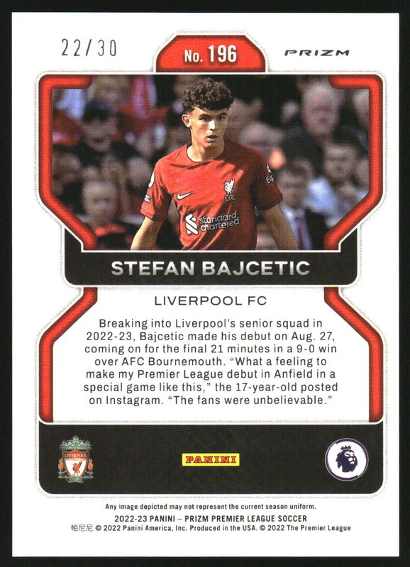 2022-23 Panini Prizm Premier League Choice Red Stefan Bajcetic RC /30 - Image 2