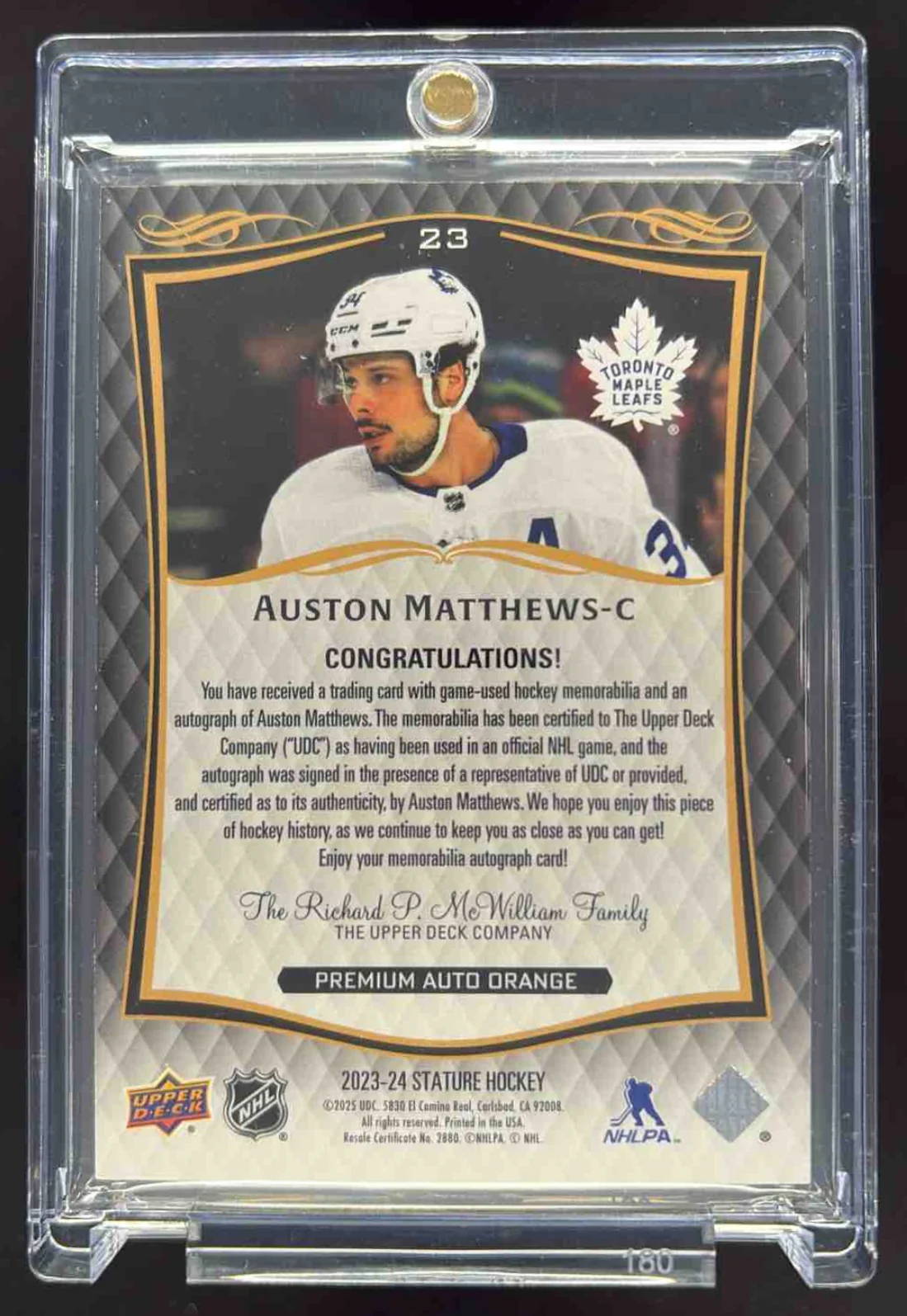 2024-25 Upper Deck Stature Memorabilia Orange #23 Auston Matthews Auto /15 - Image 2