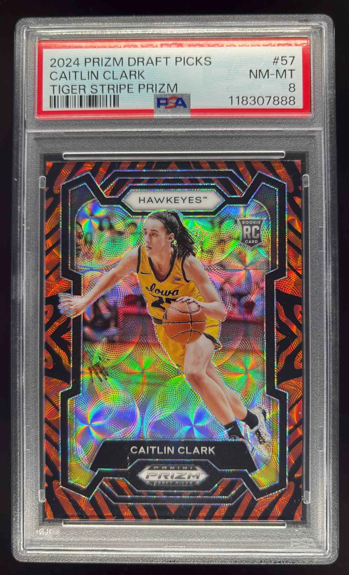 2024 Panini Prizm Draft Picks Collegiate Tiger Stripe #57 Caitlin Clark RC PSA 8