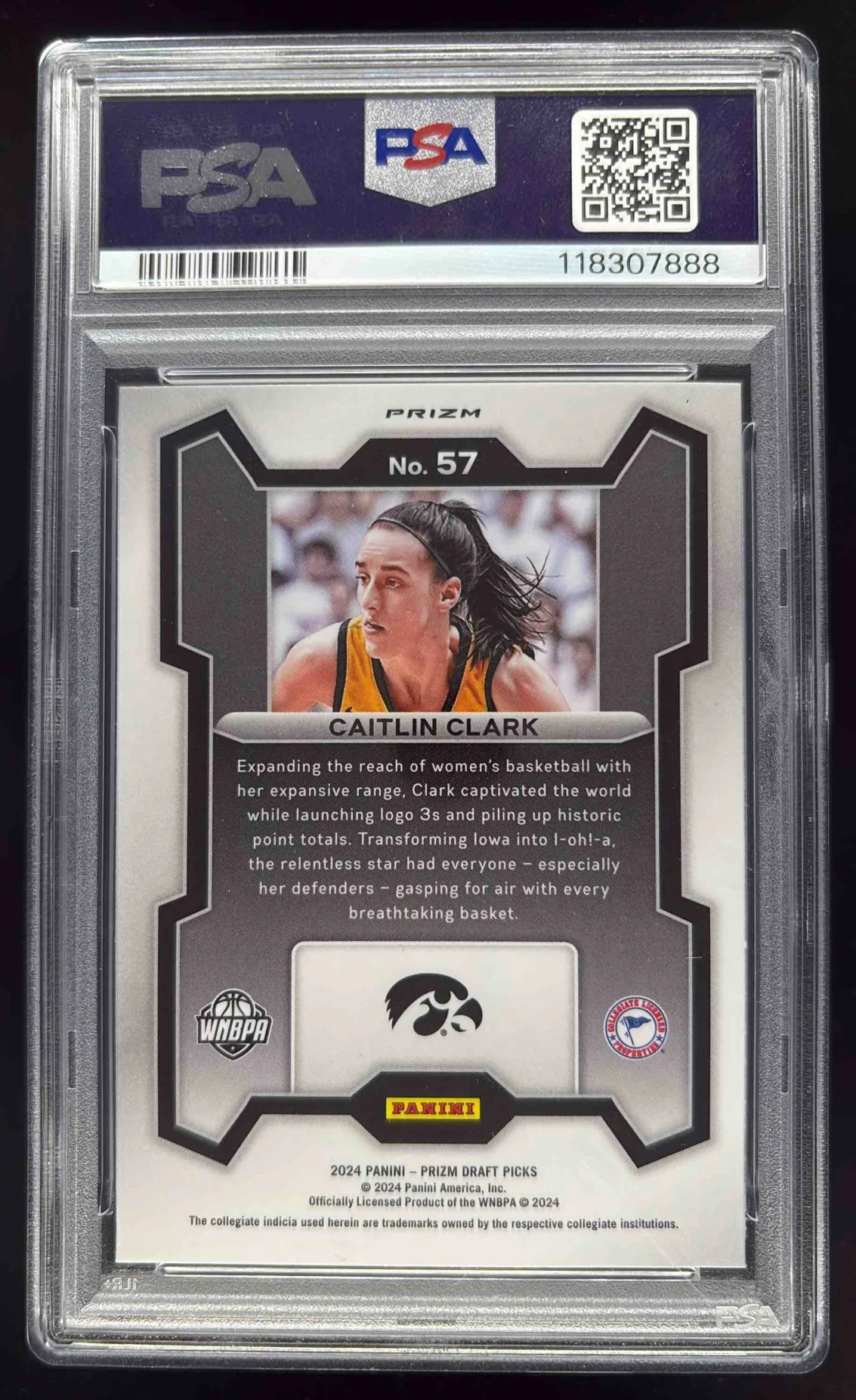 2024 Panini Prizm Draft Picks Collegiate Tiger Stripe #57 Caitlin Clark RC PSA 8 - Image 2