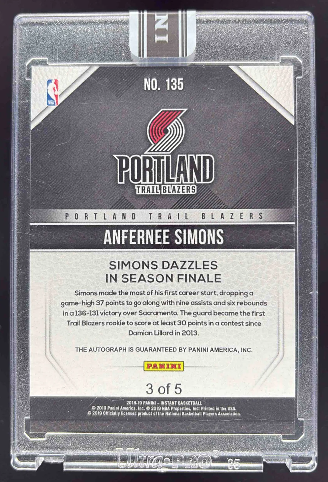 2018-19 Panini Instant NBA #135 Anfernee Simons RC /5 - Image 2