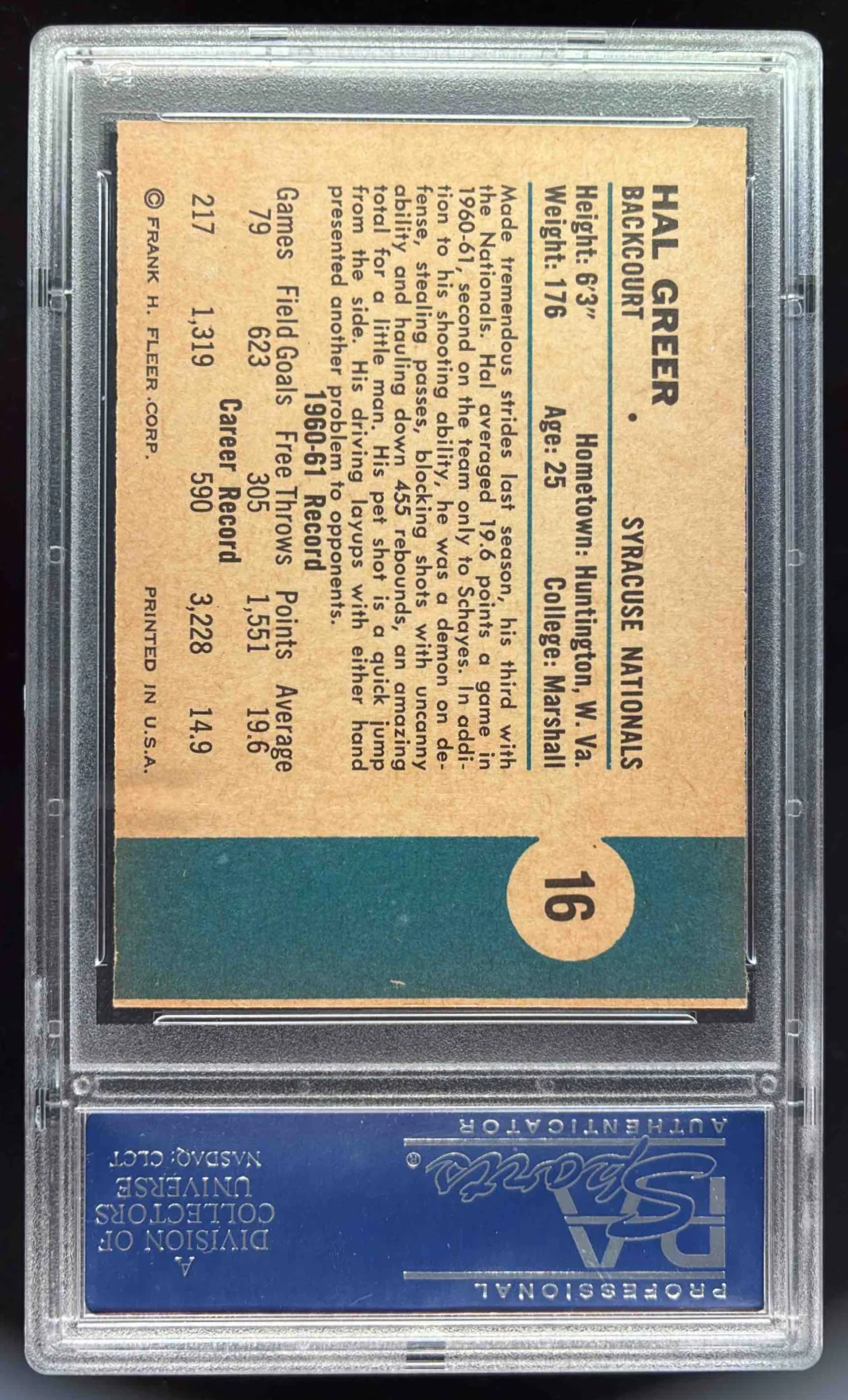 1961-62 Fleer #16 Hal Greer RC PSA 6 (ST) - Image 2