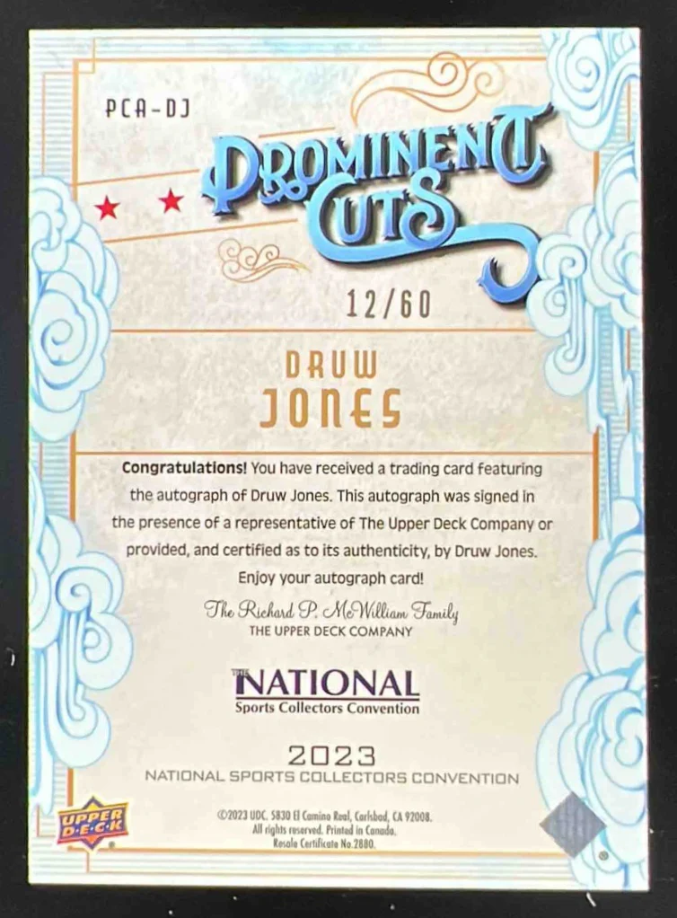 2023 UD National Convention Wrapper Redemption Prominent Cut Druw Jones Auto /60 - Image 2