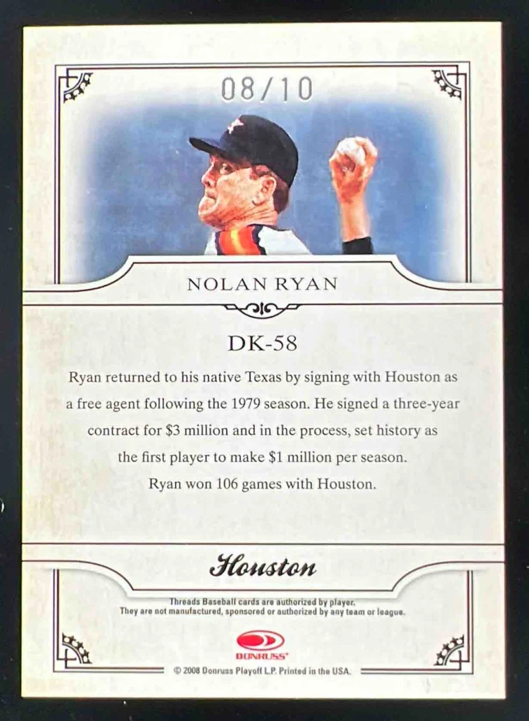2008 Donruss Threads Diamond Kings Framed Black #DK-58 Nolan Ryan /10 - Image 2