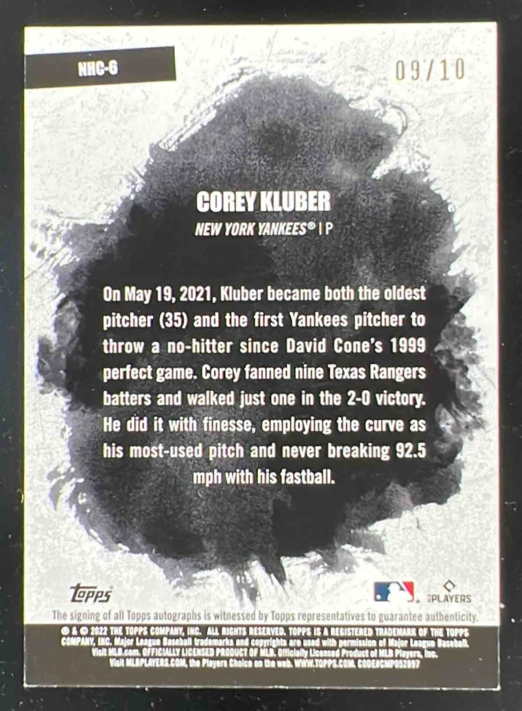 2022 Topps No-Hit Club Autographs #NHC-6 Corey Kluber Autograph Auto /10 - Image 2