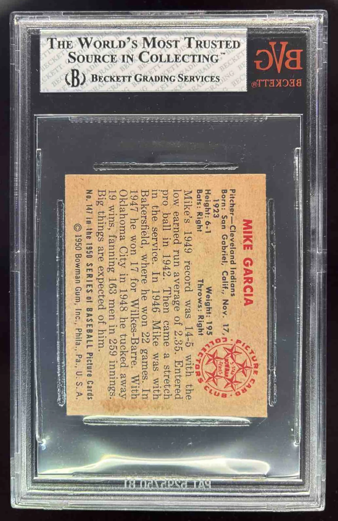 1950 Bowman #147 Mike Garcia RC BGS 7 - Image 2
