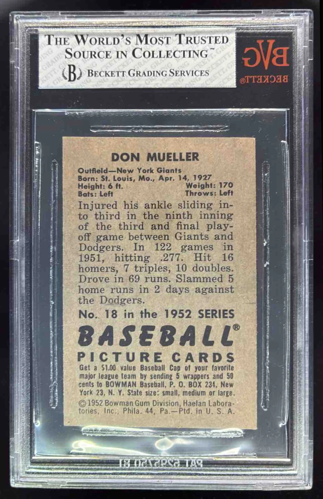 1952 Bowman #18 Don Mueller BGS 7 - Image 2