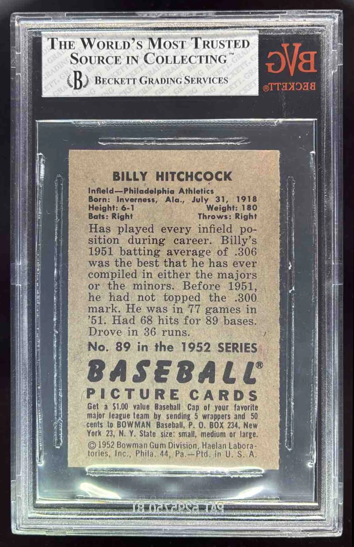 1952 Bowman #89 Billy Hitchcock BGS 7 - Image 2