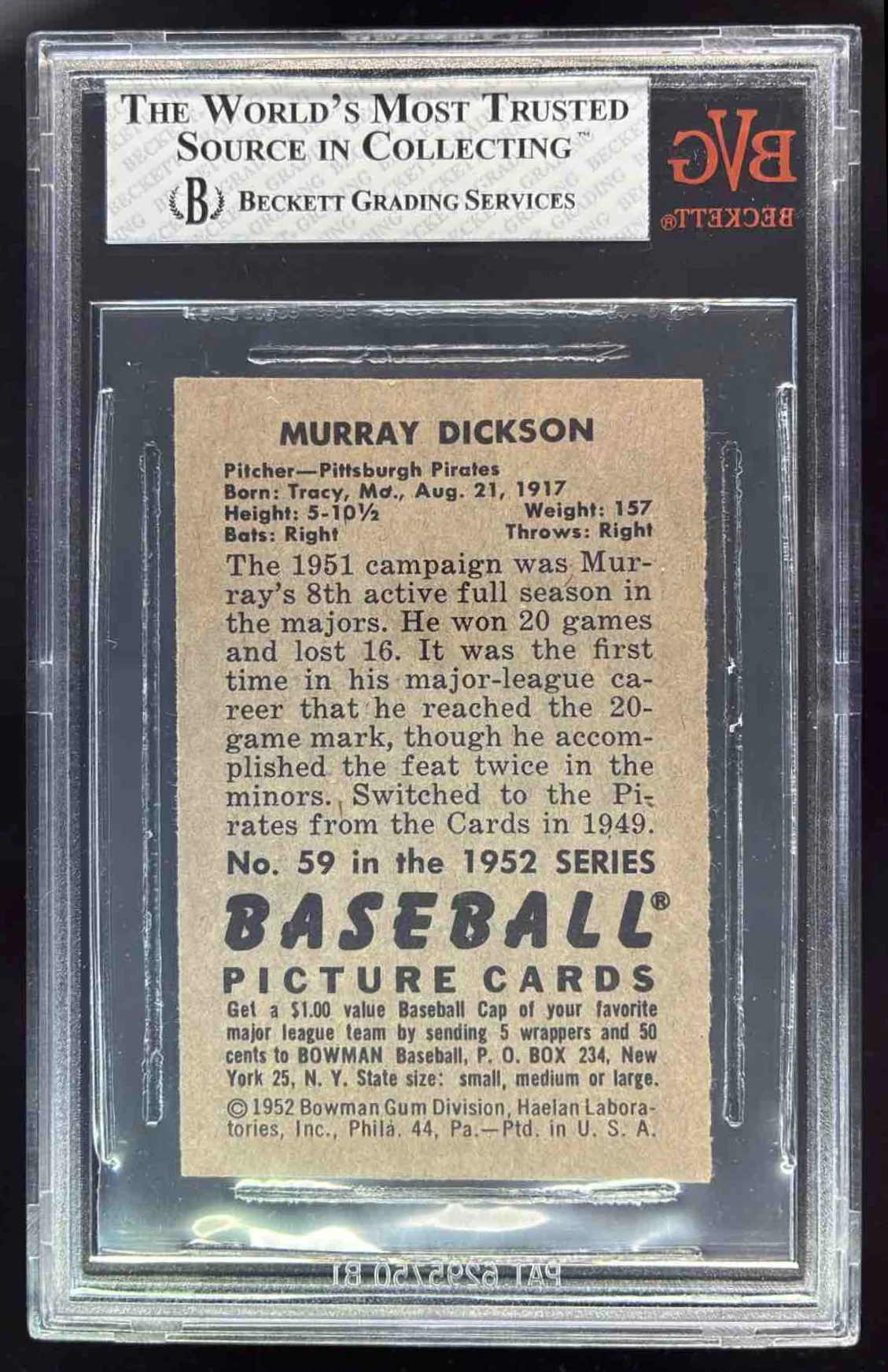 1952 Bowman #59 Murry Dickson UER BGS 7 - Image 2
