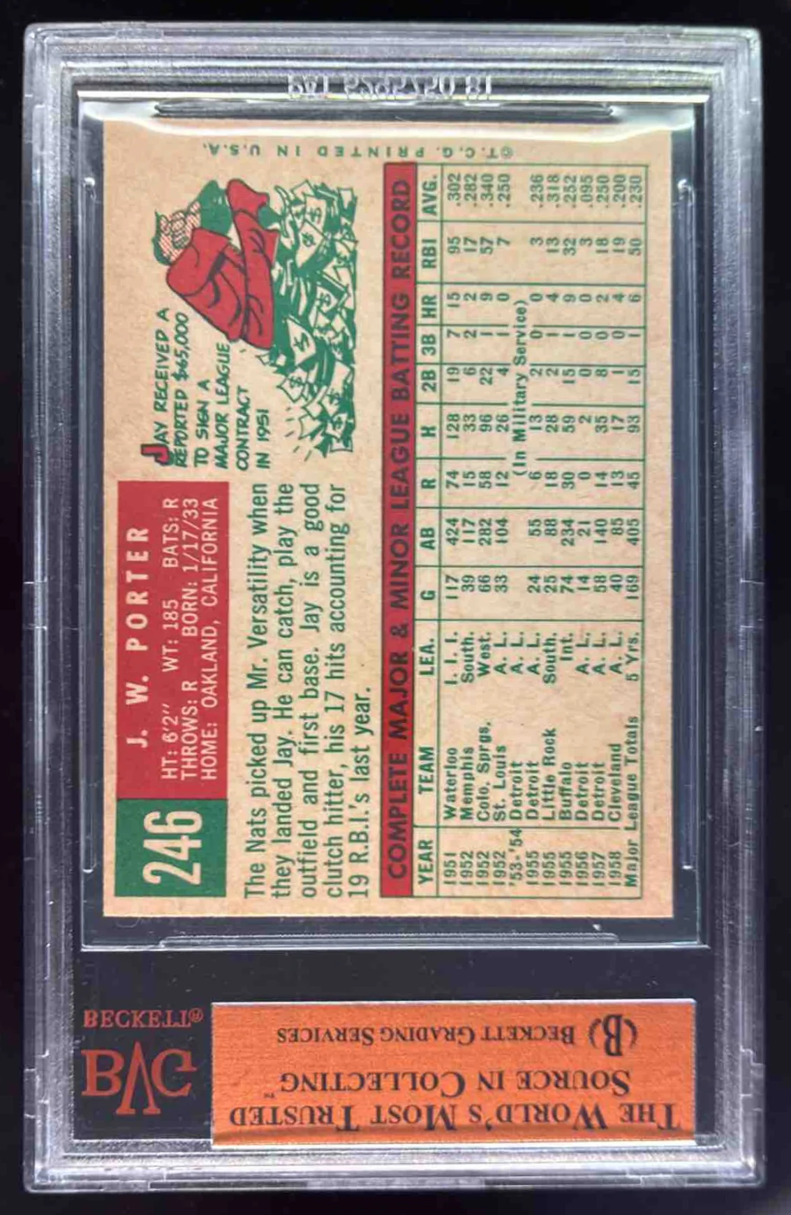 1959 Topps #246a J.W. Porter Authentic Rookie VAR BGS 7.5 - Image 2