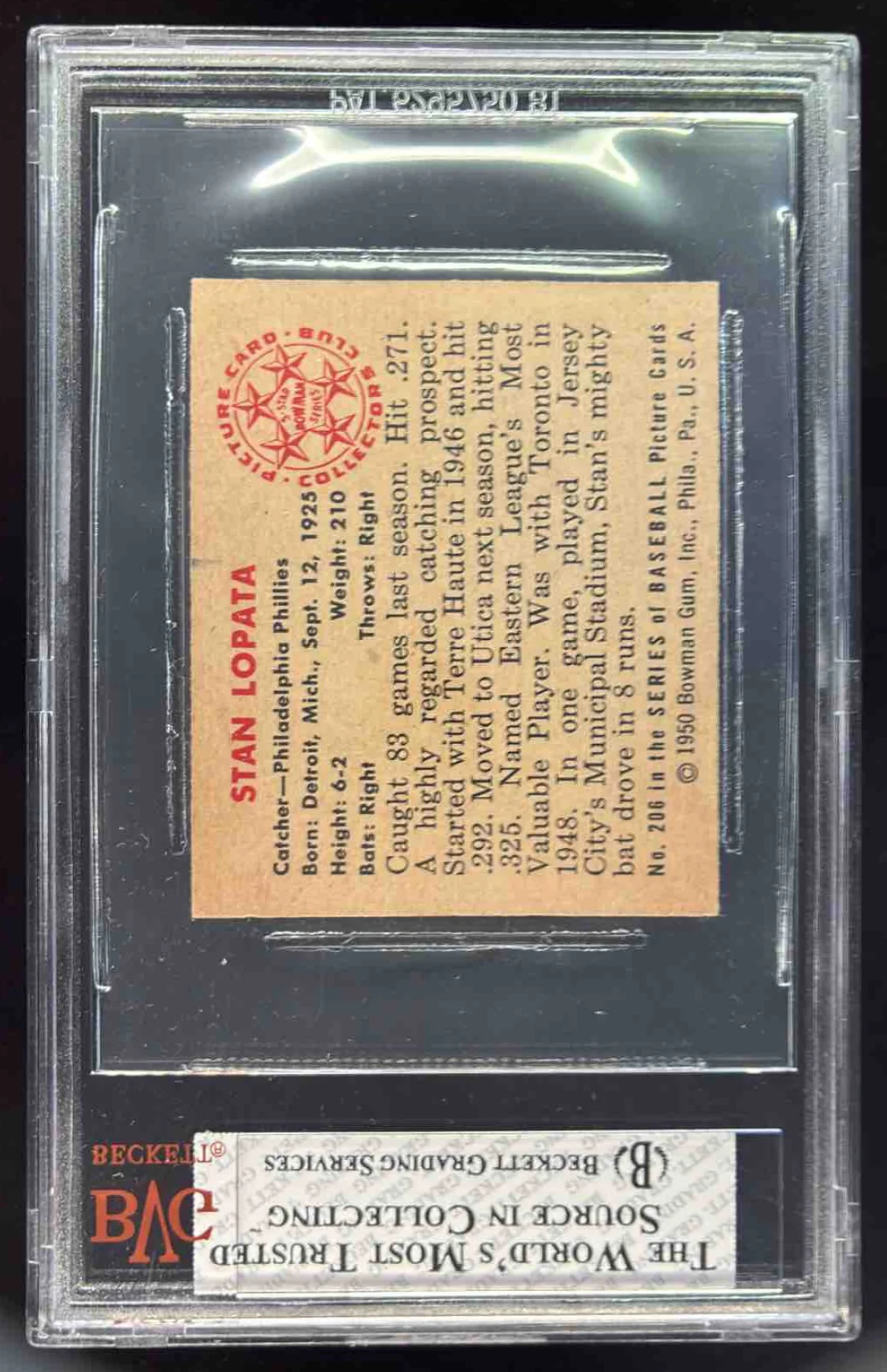 1950 Bowman #206a Stan Lopata BGS 8 - Image 2