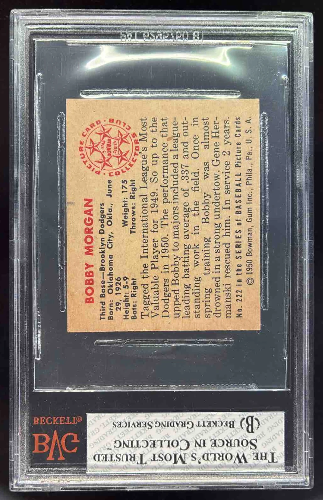 1950 Bowman #222a Bobby Morgan RC BGS 8 - Image 2
