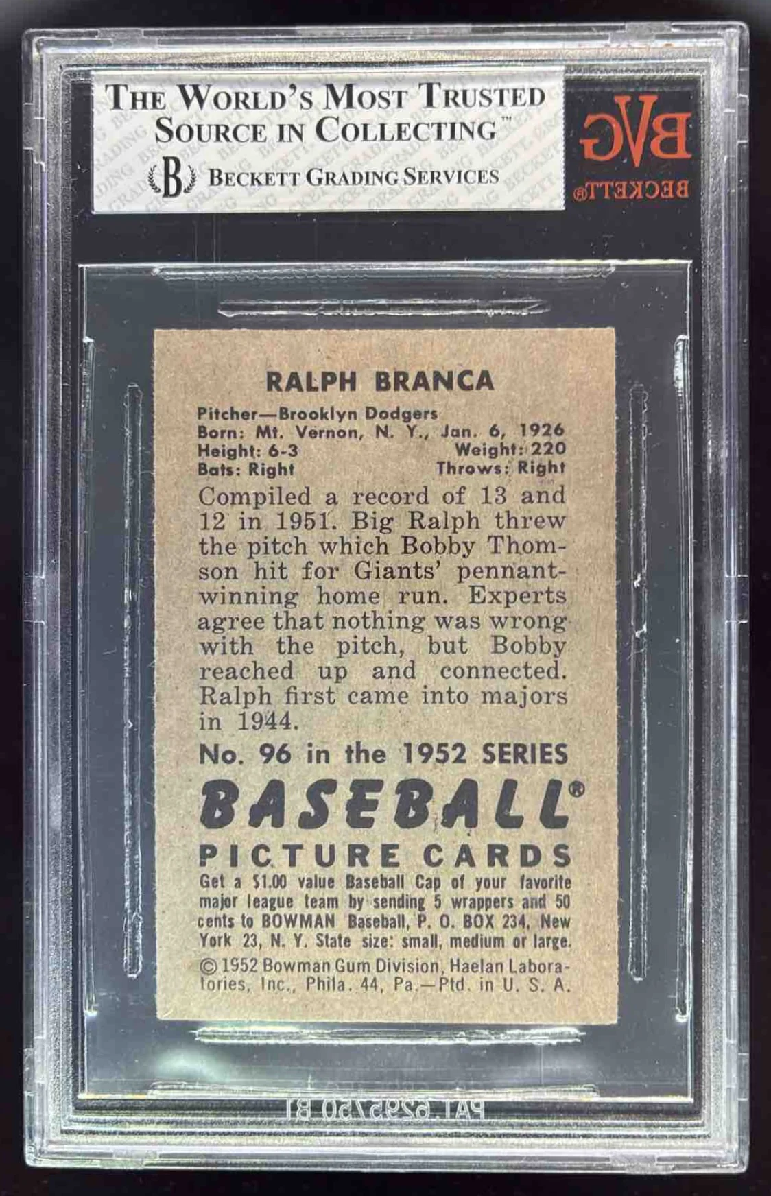 1952 Bowman #96 Ralph Branca BGS 8 - Image 2