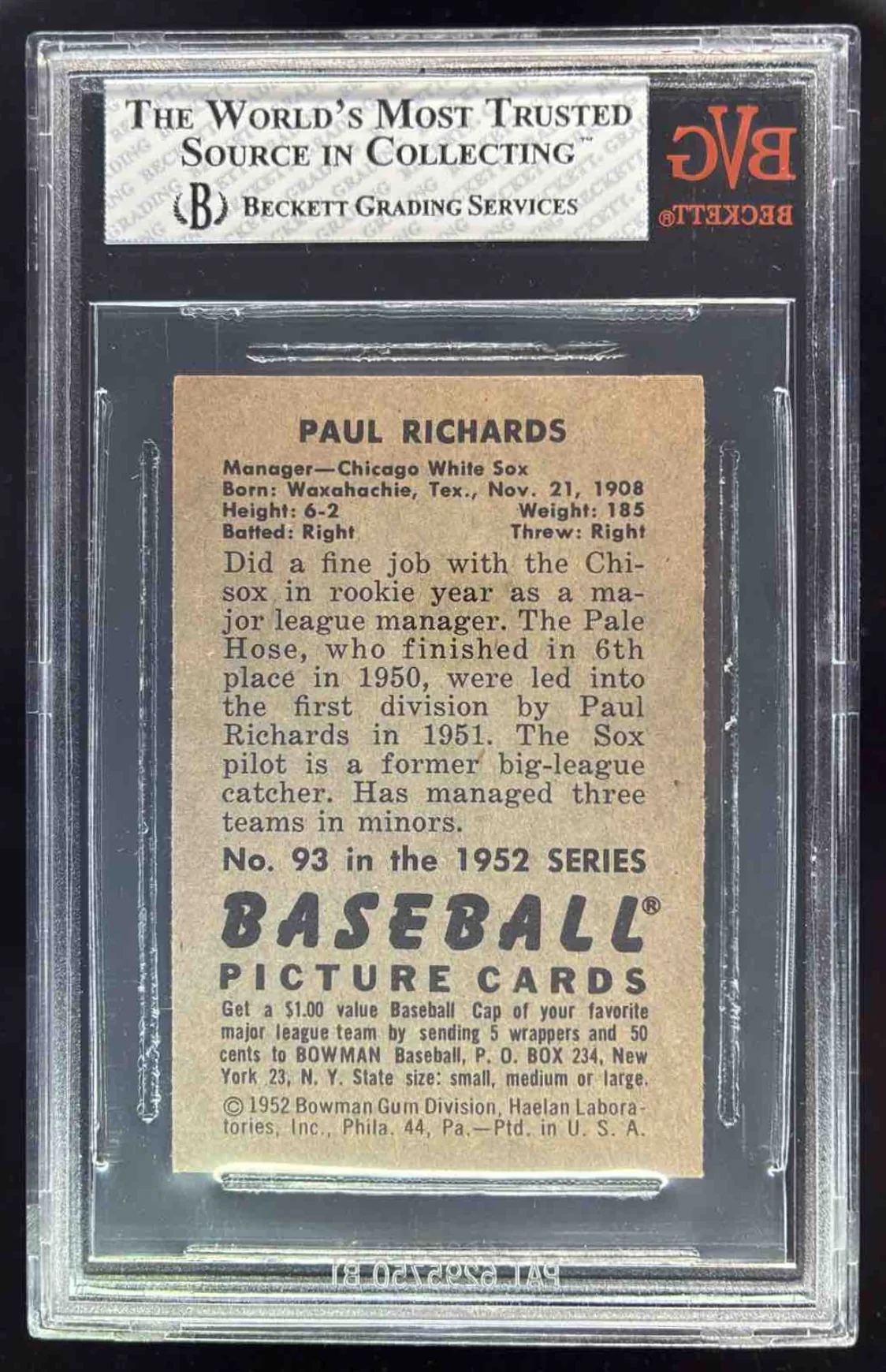 1952 Bowman #93 Paul Richards BGS 8 - Image 2