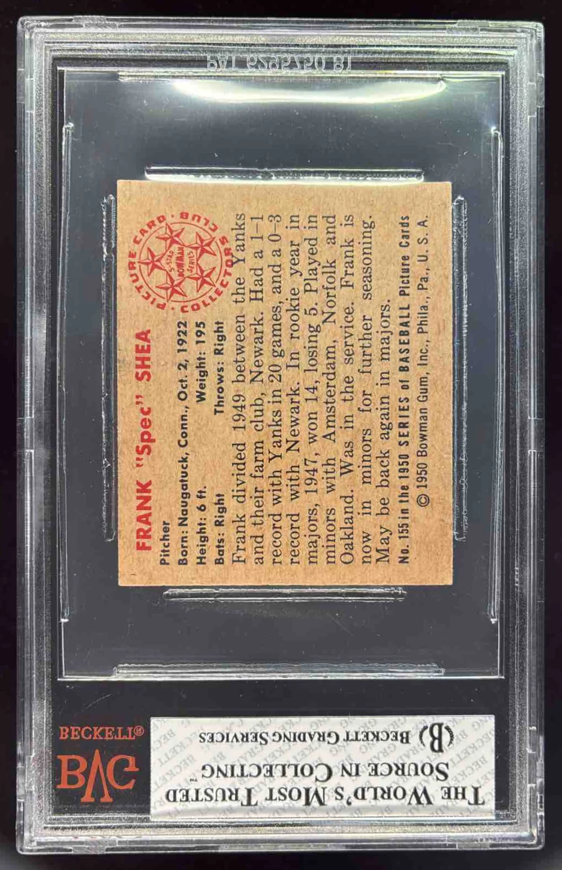 1950 Bowman #155 Frank "Spec" Shea BGS 8 - Image 2