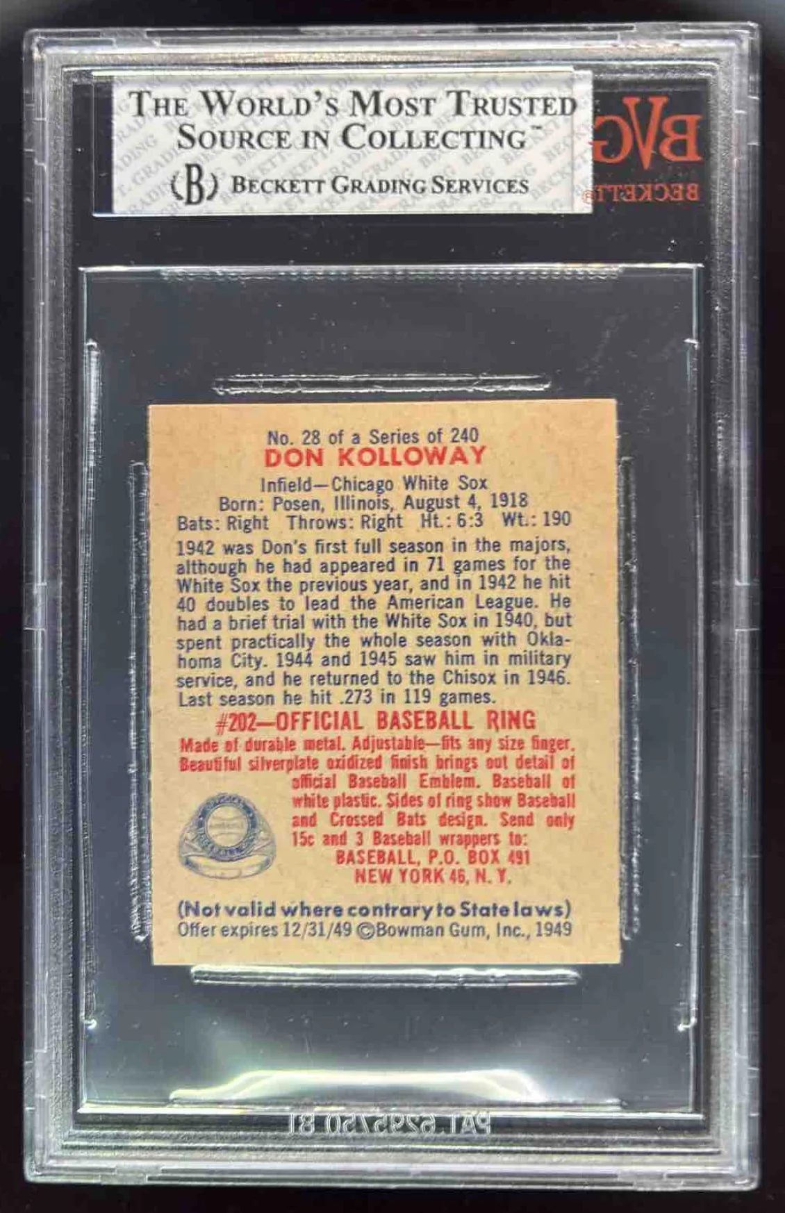 1949 Bowman #28 Don Kolloway RC BGS 8 - Image 2