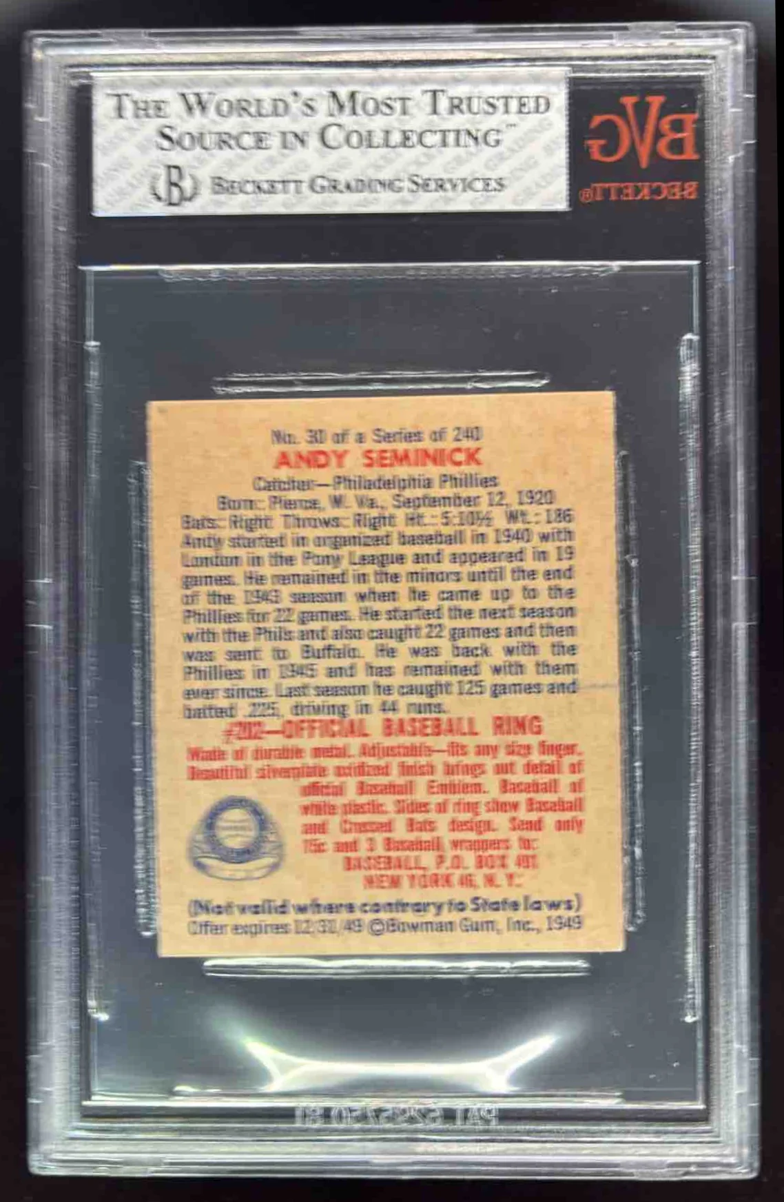 1949 Bowman #30 Andy Seminick RC BGS 8 - Image 2